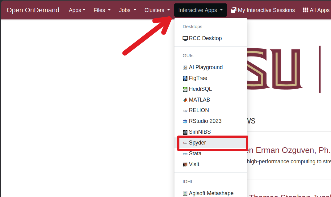 Select 'Interactive Apps' then 'Spyder'