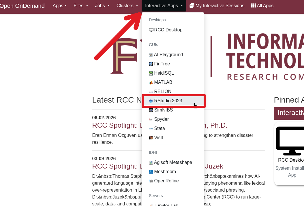 Select 'Interactive Apps' then 'RStudio'