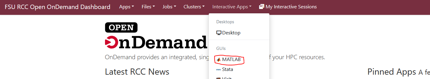 Select MATLAB from the "Interactive Apps" drop-down menu
