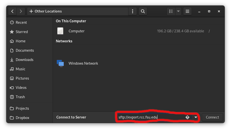 On the bottom of the window, enter sftp://export.rcc.fsu.edu in the _Connect to Server_ dialog